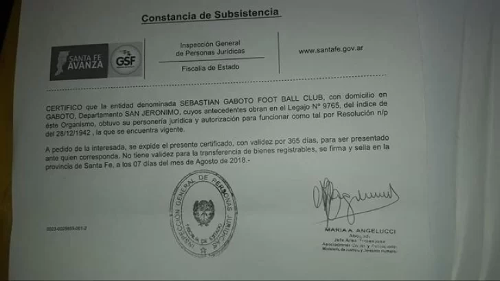 Conquista: El Club Sebastian Gaboto obtuvo su personeria juridica