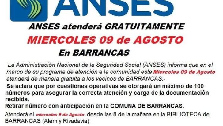 Este miércoles Anses móvil atenderá en Barrancas